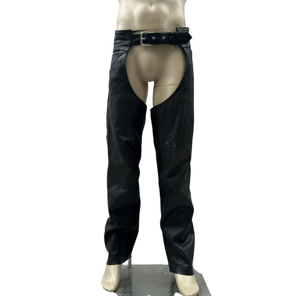 Top Gear No. 1 Racing 4 Star Black Leather Biker Motorcycle Riding Chap Pants L - Picture 1 of 11